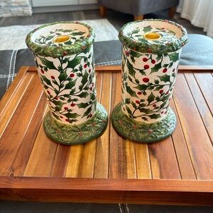 Handpainted Exclusive Pacific Rim Christmas Holly & Berry Candlestick Set